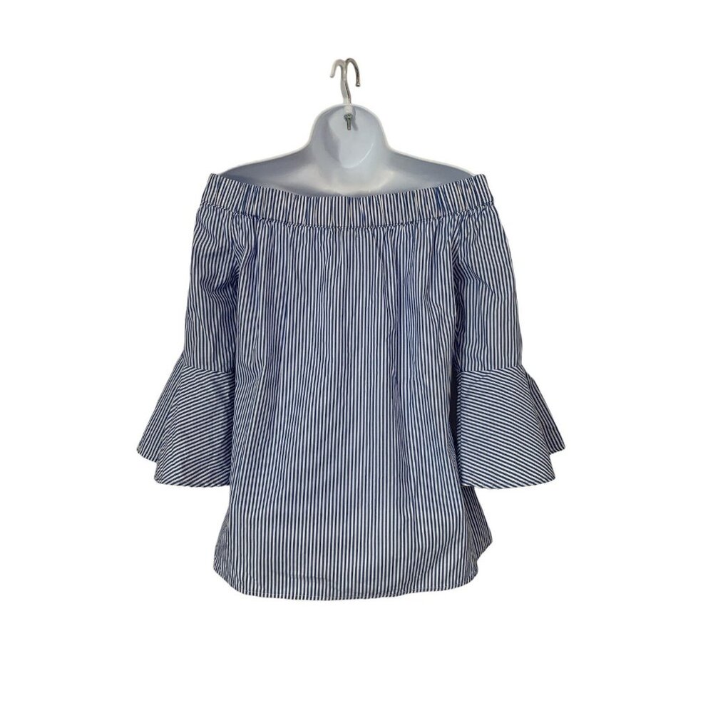 Cupio Womens Off-Shoulder Bell Sleeve Top Blue & White Striped Blouse Medium - Picture 2 of 9